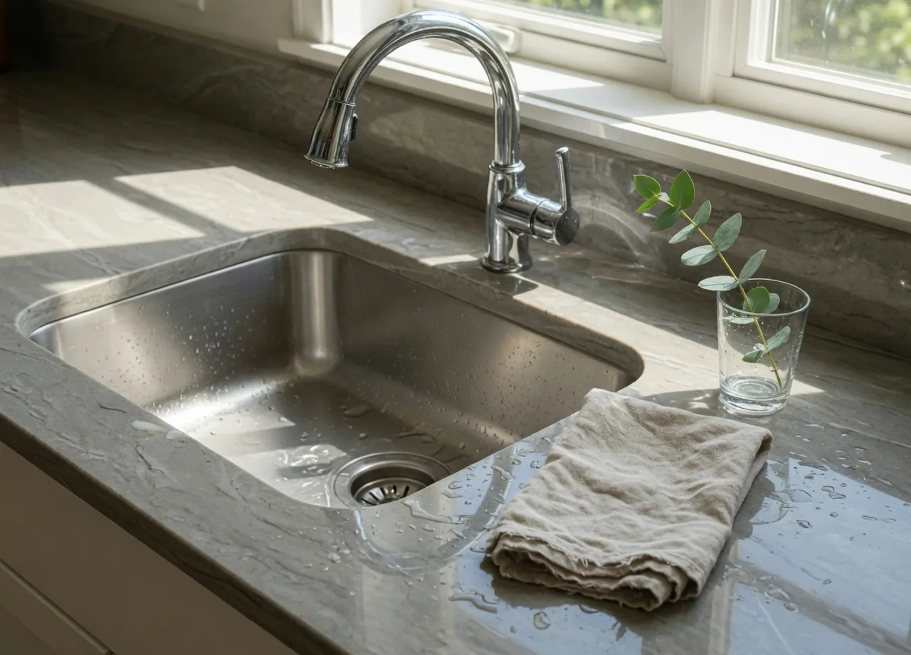 Sunlit kitchen sink and folded linen after a residential clean