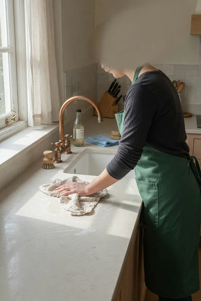 Person from behind in a forest-green apron wiping a counter